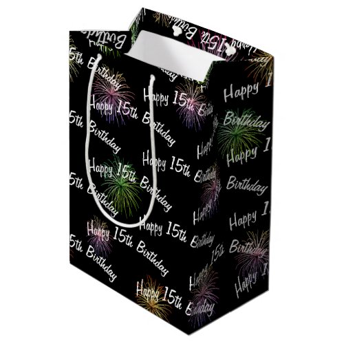 Happy 15th Birthday fireworks on black Medium Gift Bag