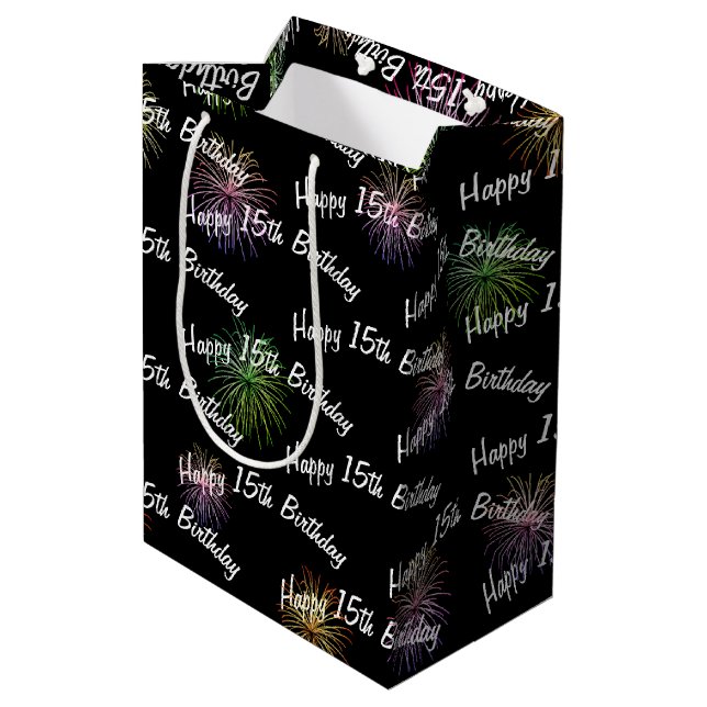 Happy 15th Birthday fireworks on black Medium Gift Bag (Back Angled)