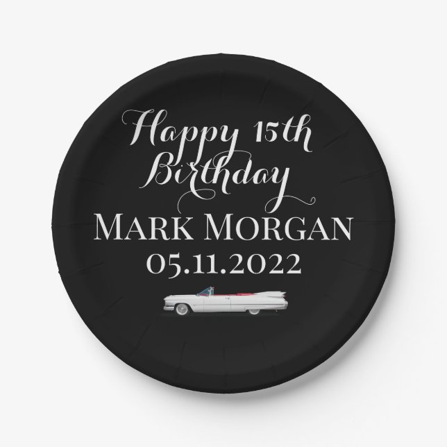 Happy 15th birthday gift for boy black white paper plates (Front)