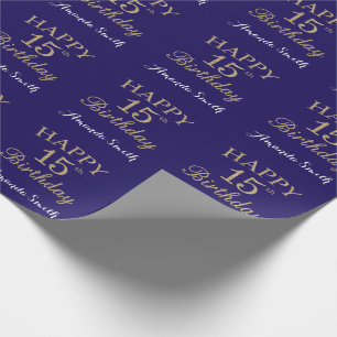 Happy 15th Birthday Gold Glitter and Navy Blue Wrapping Paper