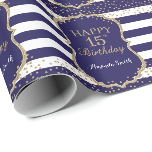 Happy 15th Birthday Gold Glitter and Navy Blue Wrapping Paper