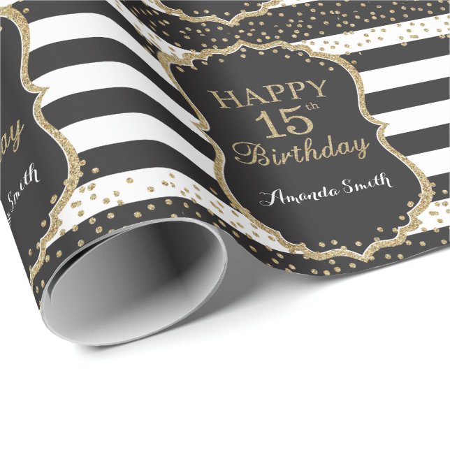 Happy 15th Birthday Gold Glitter Wrapping Paper (Roll Corner)