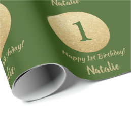 Happy 15th Birthday Green and Gold Glitter Wrapping Paper
