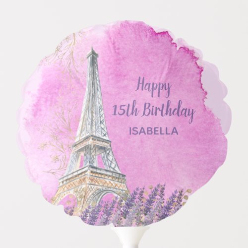 Happy 15th Birthday Paris Eiffel Tower Pink Custom Balloon