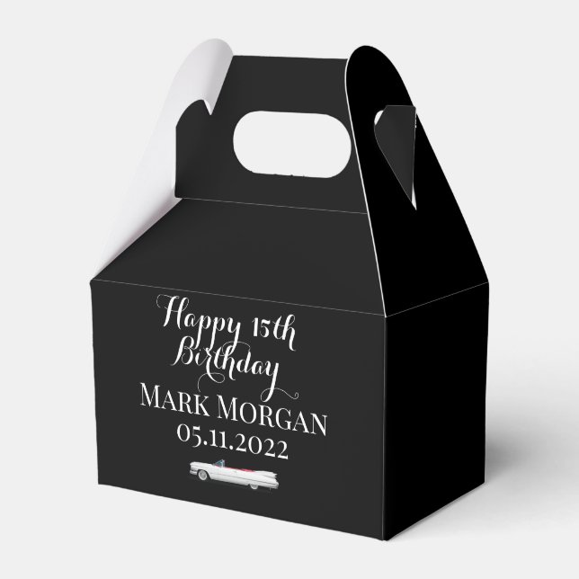 Happy 15th birthday party favor boy black white boxes (Front Side)