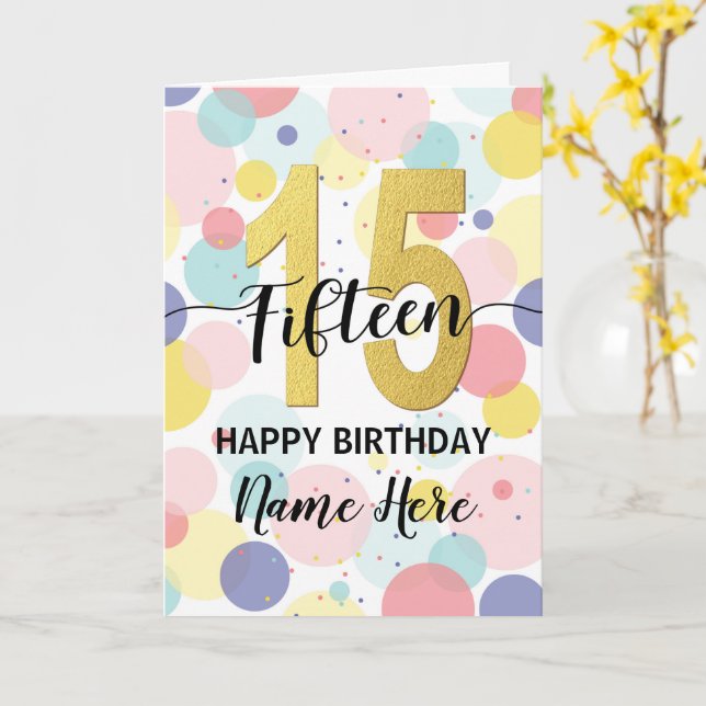 Happy 15th Birthday Pastel Rainbow and Gold Girl Card (Yellow Flower)