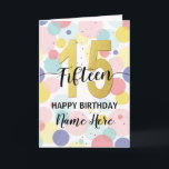 Happy 15th Birthday Pastel Rainbow and Gold Girl Card<br><div class="desc">Fun,  cheerful,  elegant and colourful design birthday card. 
Firework in bright rainbow colours. Faux gold big number.
Get this cheerful card to celebrate your friend or family!</div>