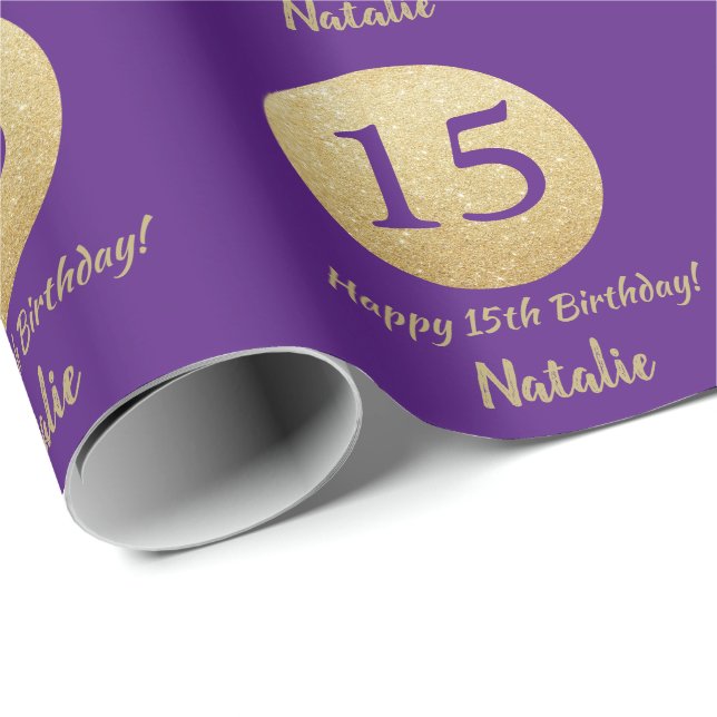 Happy 15th Birthday Purple and Gold Glitter Wrapping Paper (Roll Corner)