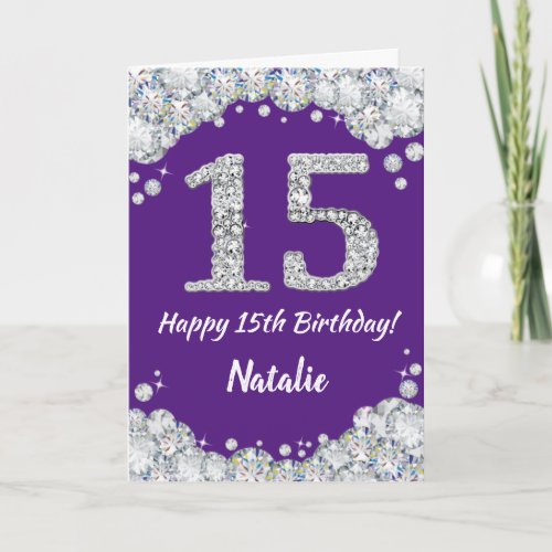 Happy 15th Birthday Purple and Silver Glitter Card