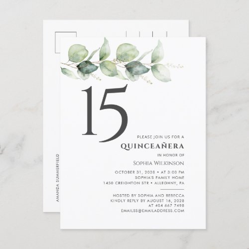 Happy 15th Birthday Quinceanera Eucalyptus Leaves Invitation Postcard