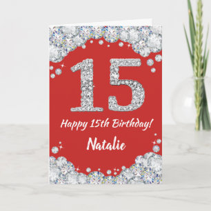 Happy 15th Birthday Red and Silver Glitter Card