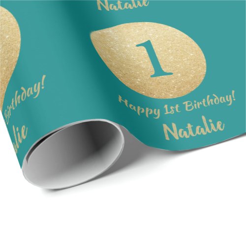 Happy 15th Birthday Teal and Gold Glitter Wrapping Paper