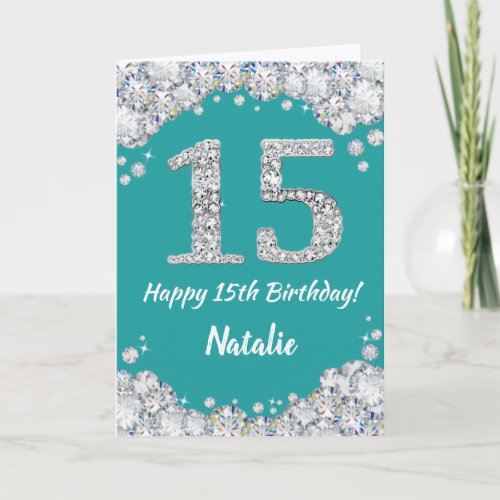 Happy 15th Birthday Teal and Silver Glitter Card