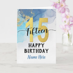 Happy 15th Birthday Watercolor Blue & gold Boy Card