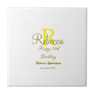 Happy 15th Birthday yellow add name monogram moder Ceramic Tile