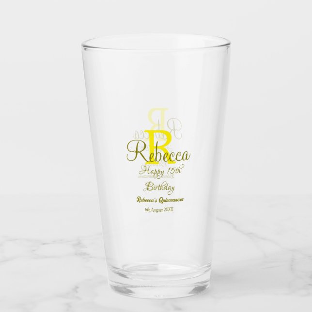 Happy 15th Birthday yellow add name monogram moder Glass (Front)