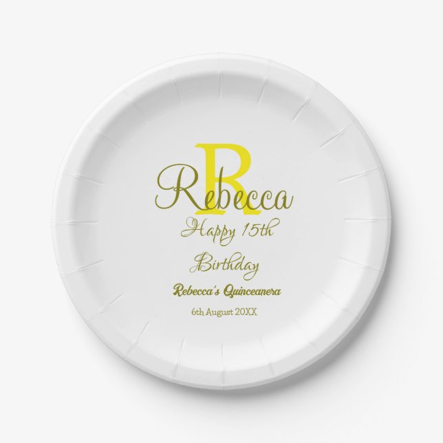 Happy 15th Birthday yellow add name monogram moder Paper Plates (Front)