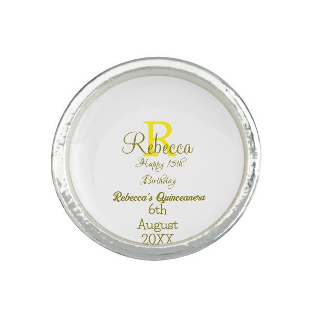 Happy 15th Birthday yellow add name monogram moder Ring (Front)