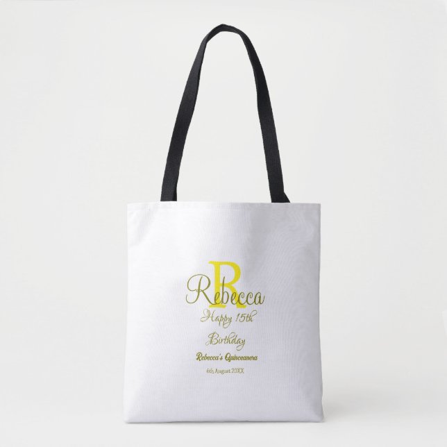 Happy 15th Birthday yellow add name monogram moder Tote Bag (Front)