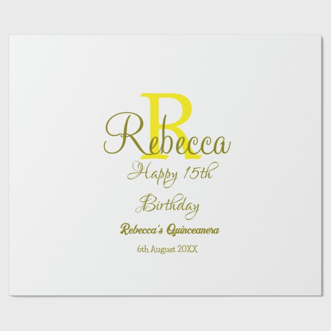 Happy 15th Birthday yellow add name monogram moder Wrapping Paper (Flat)
