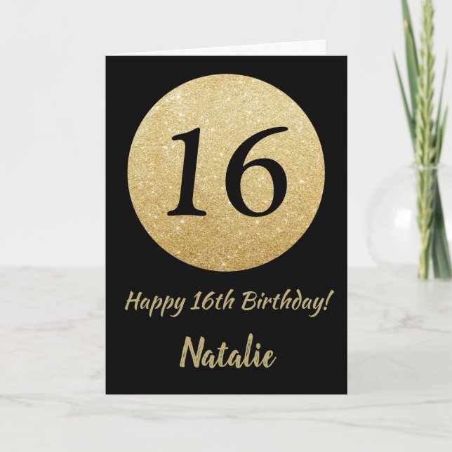 Happy 16h Birthday Black and Gold Glitter Card (Front)