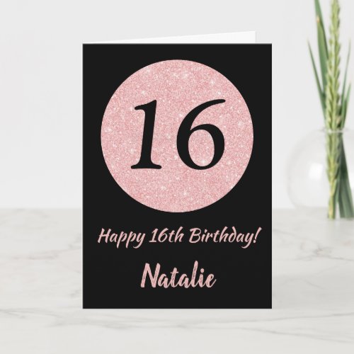 Happy 16h Birthday Black and Rose Pink Gold Card