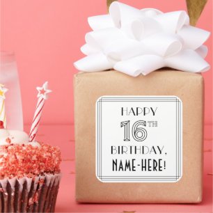 HAPPY 16TH BIRTHDAY, Art Deco Style, Custom Name Square Sticker