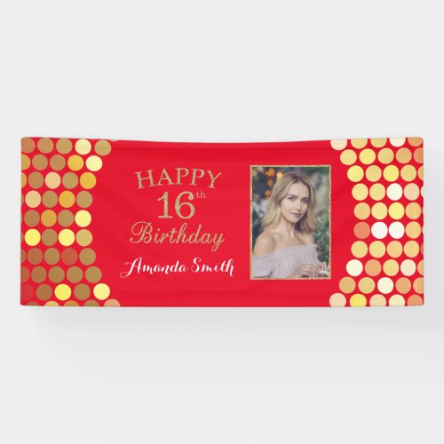 Happy 16th Birthday Banne Red and Gold Photo Banner