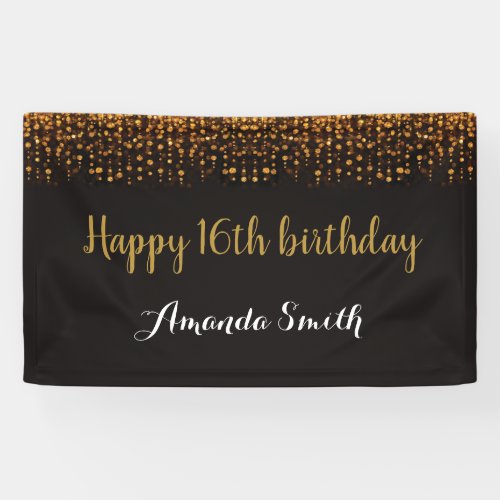 Happy 16th Birthday Banner Black and Gold Glitter Banner