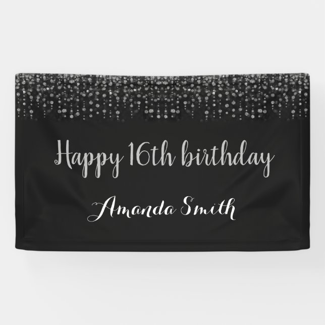 Happy 16th Birthday Banner. Black Silver Glitter Banner (Horizontal)