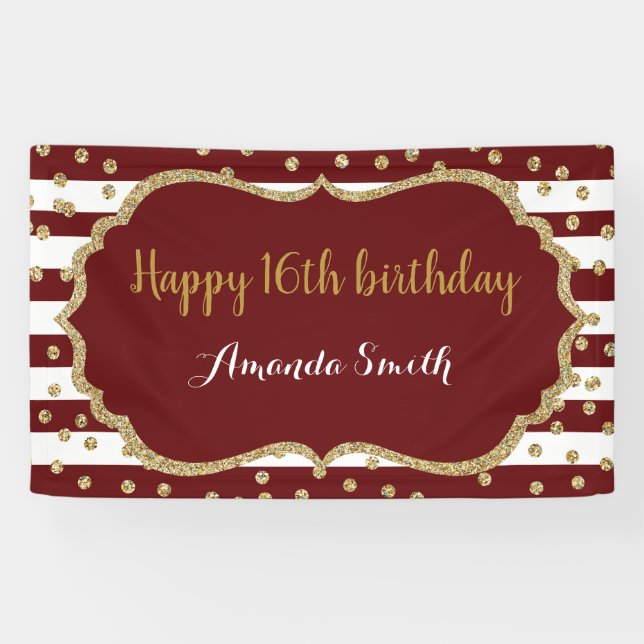 Happy 16th Birthday Banner Burgundy Gold Glitter (Horizontal)