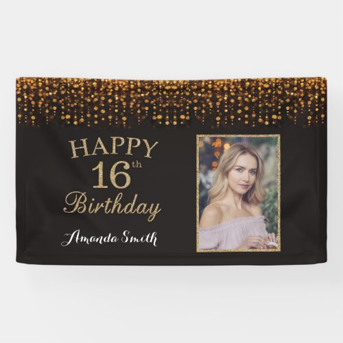 Happy 16th Birthday Banner Gold Glitter Photo Banner
