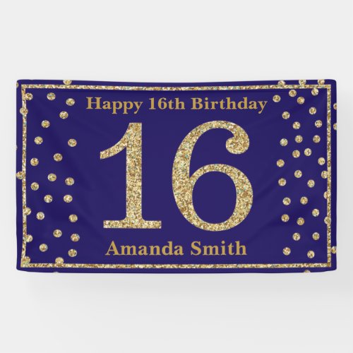 Happy 16th Birthday Banner Navy Blue Gold Glitter