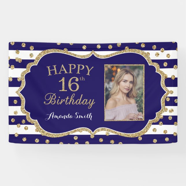 Happy 16th Birthday Banner Navy Blue Gold Photo (Horizontal)
