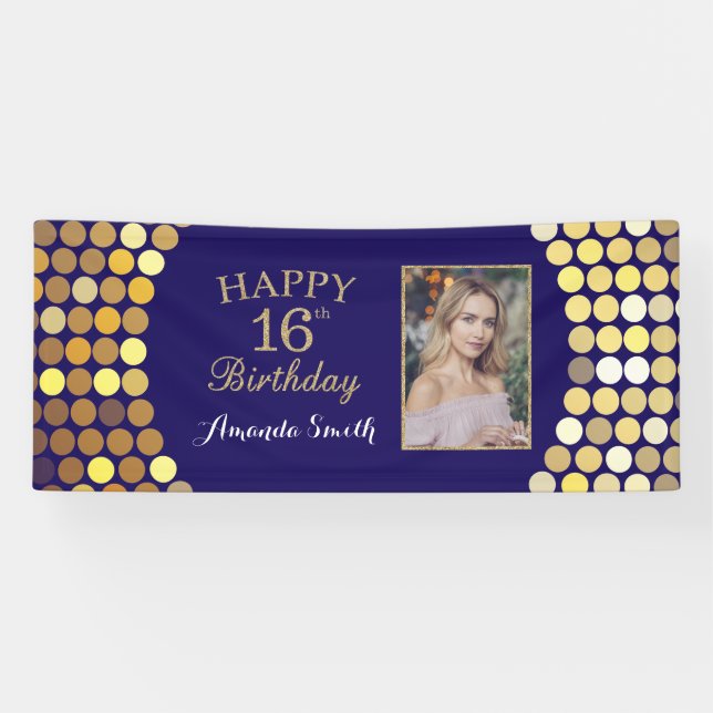 Happy 16th Birthday Banner. Navy Blue Gold Photo Banner (Horizontal)