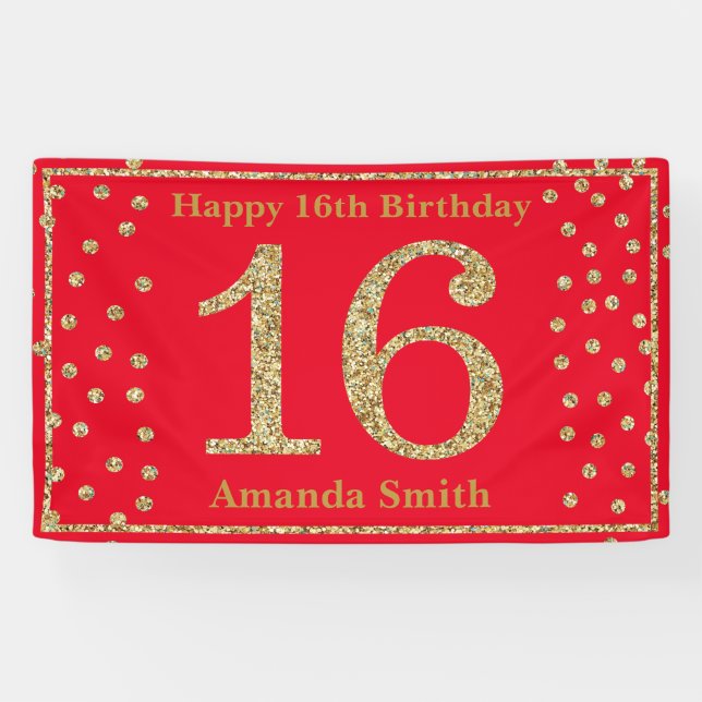 Happy 16th Birthday Banner Red and Gold Glitter (Horizontal)