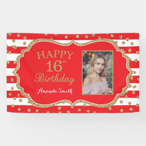 Happy 16th Birthday Banner Red Gold Glitter Photo