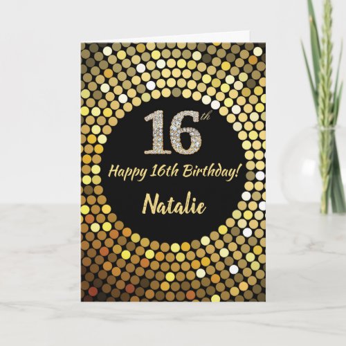 Happy 16th Birthday Black and Gold Glitter Card