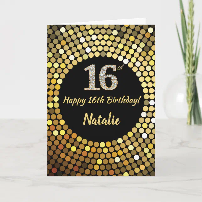 Happy 16th Birthday Black and Gold Glitter Card | Zazzle