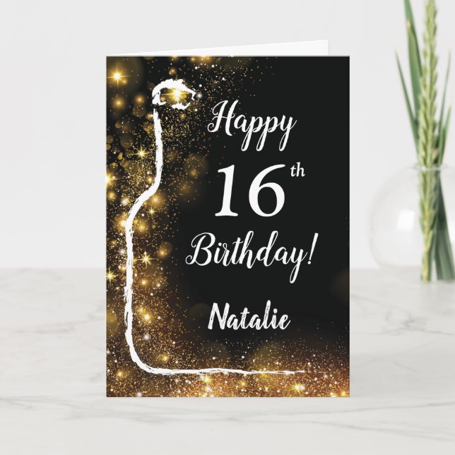Happy 16th Birthday Black and Gold Glitter Wine Card (Front)