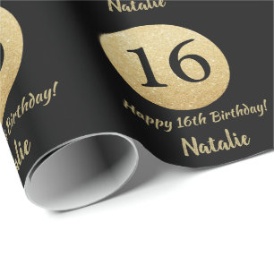 Happy 16th Birthday Black and Gold Glitter Wrapping Paper