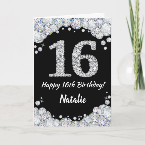 Happy 16th Birthday Black and Silver Glitter Card