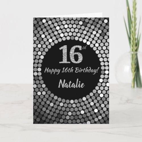 Happy 16th Birthday Black and Silver Glitter Card