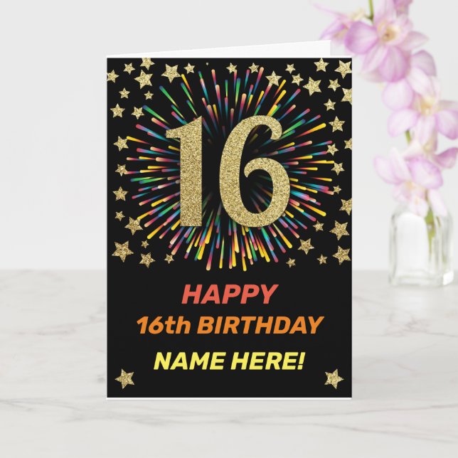 Happy 16th Birthday Black & Gold Rainbow Firework Card (Orchid)