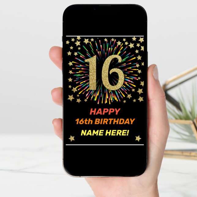 Happy 16th Birthday Black & Gold Rainbow Firework Card (Front Digital)