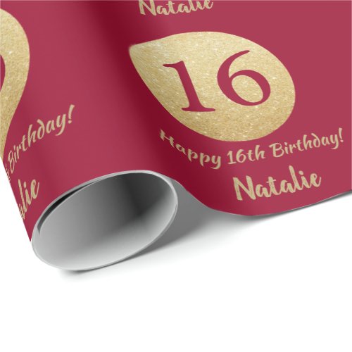 Happy 16th Birthday Burgundy Red and Gold Glitter Wrapping Paper