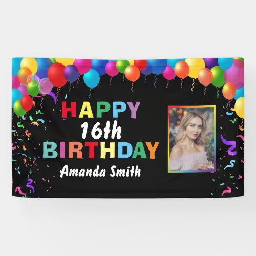 Happy 16th Birthday Colorful Balloons Confetti Banner