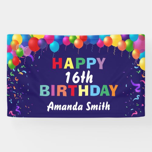 Happy 16th Birthday Colorful Balloons Navy Blue Banner