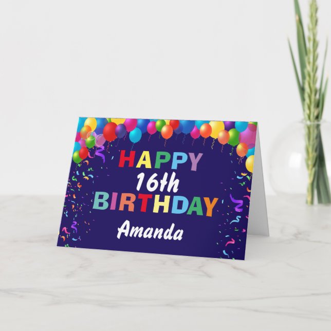 Happy 16th Birthday Colorful Balloons Navy Blue Card (Front)