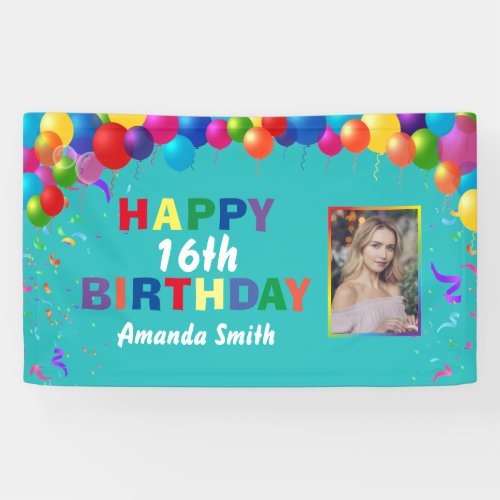 Happy 16th Birthday Colorful Balloons Teal Banner